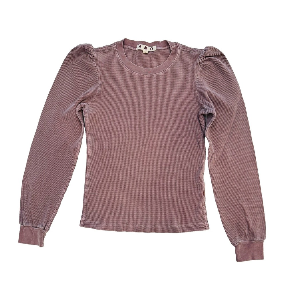 AMO GIRLY THERMAL BLOODSTONE Waffle Knit Puff Sleeve Crew Neck Top Women's SZ M